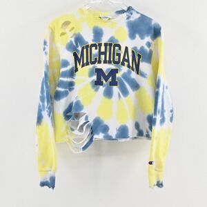 Vtg Champion Womens UMich Crop Sweatshirt Size S Blue Yellow Tie Dye Michigan